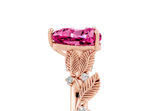 Rose gold Heart Cut Pink Sapphire Solitaire Ring with Leaf Motif Band and Four-Prong Setting_5