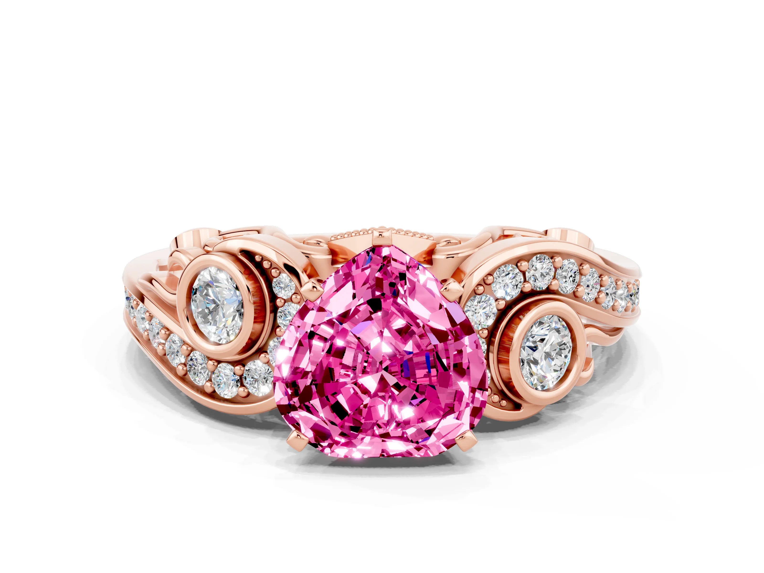 Rose gold Heart Cut Pink Sapphire Solitaire Ring with Milgrain Pavé Band and Four-Prong Setting_24