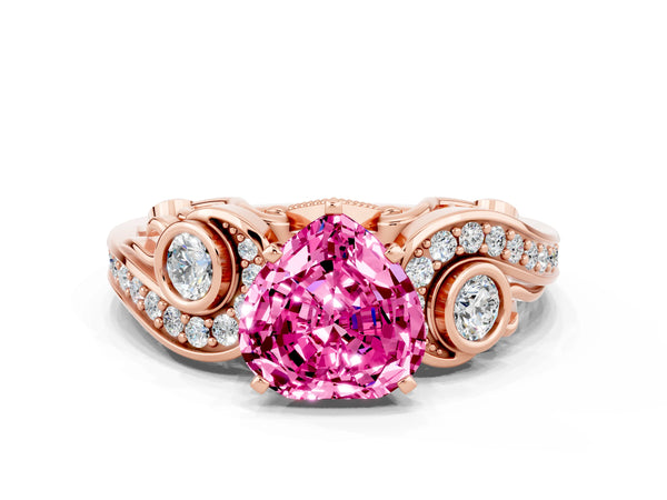 Rose gold Heart Cut Pink Sapphire Solitaire Ring with Milgrain Pavé Band and Four-Prong Setting