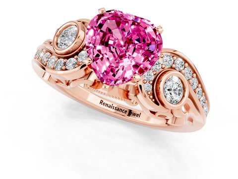 Rose gold Heart Cut Pink Sapphire Solitaire Ring with Milgrain Pavé Band and Four-Prong Setting_25