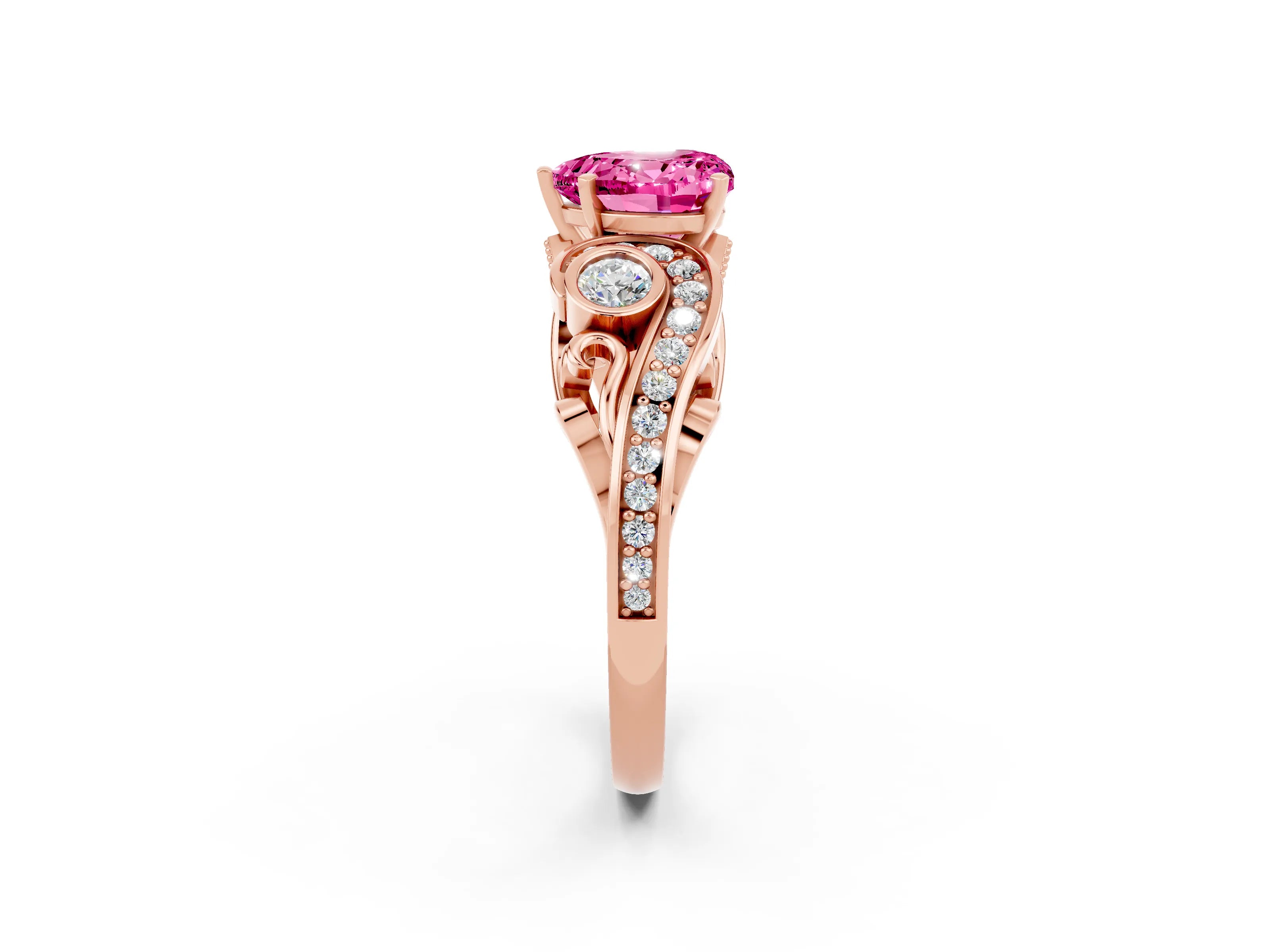 Rose gold Heart Cut Pink Sapphire Solitaire Ring with Milgrain Pavé Band and Four-Prong Setting_26