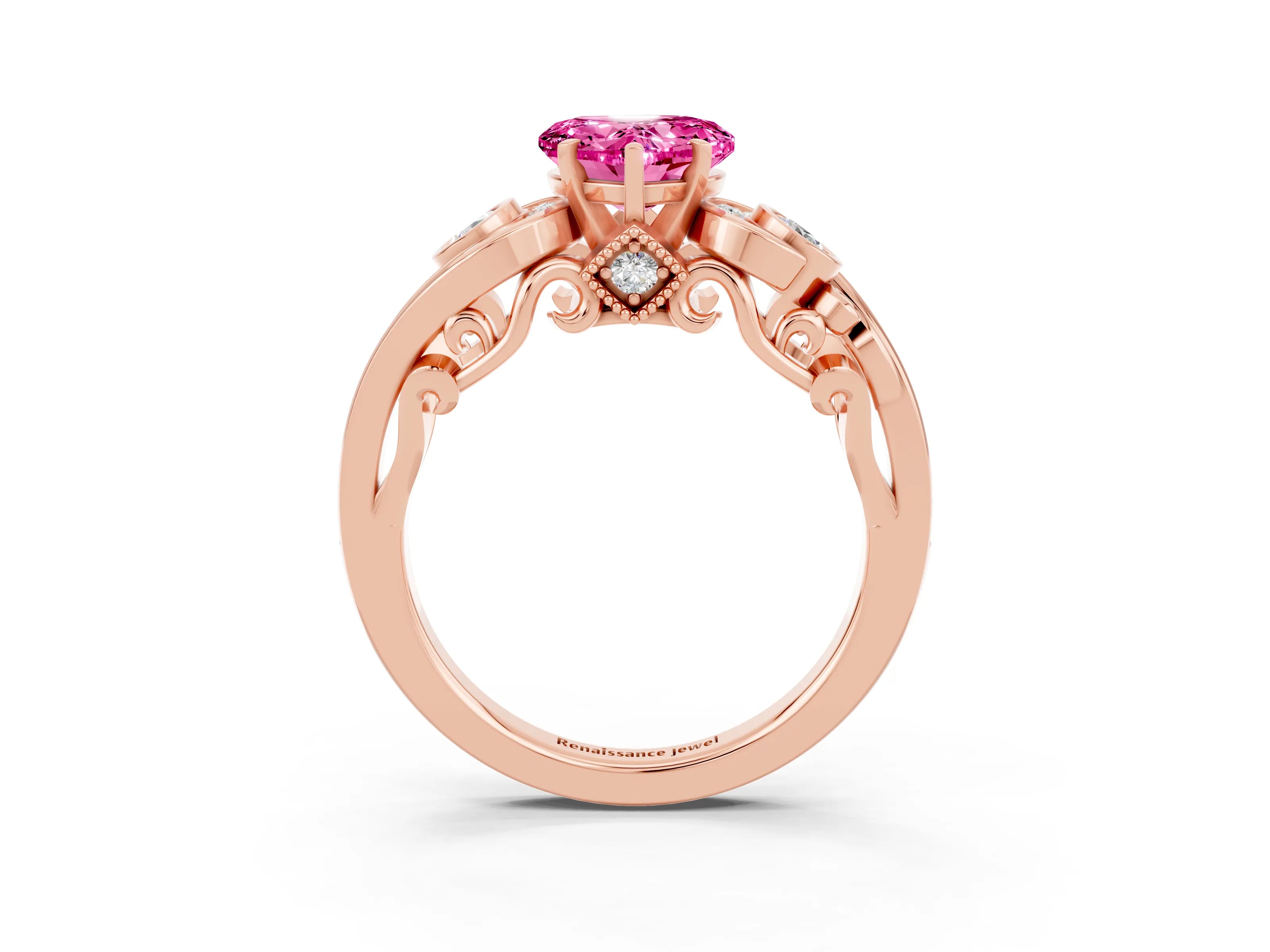 Rose gold Heart Cut Pink Sapphire Solitaire Ring with Milgrain Pavé Band and Four-Prong Setting_27