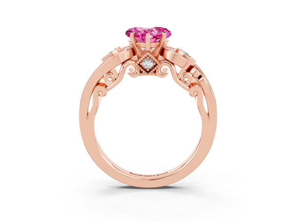 Rose gold Heart Cut Pink Sapphire Solitaire Ring with Milgrain Pavé Band and Four-Prong Setting