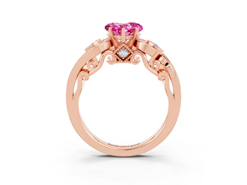 Rose gold Heart Cut Pink Sapphire Solitaire Ring with Milgrain Pavé Band and Four-Prong Setting_27