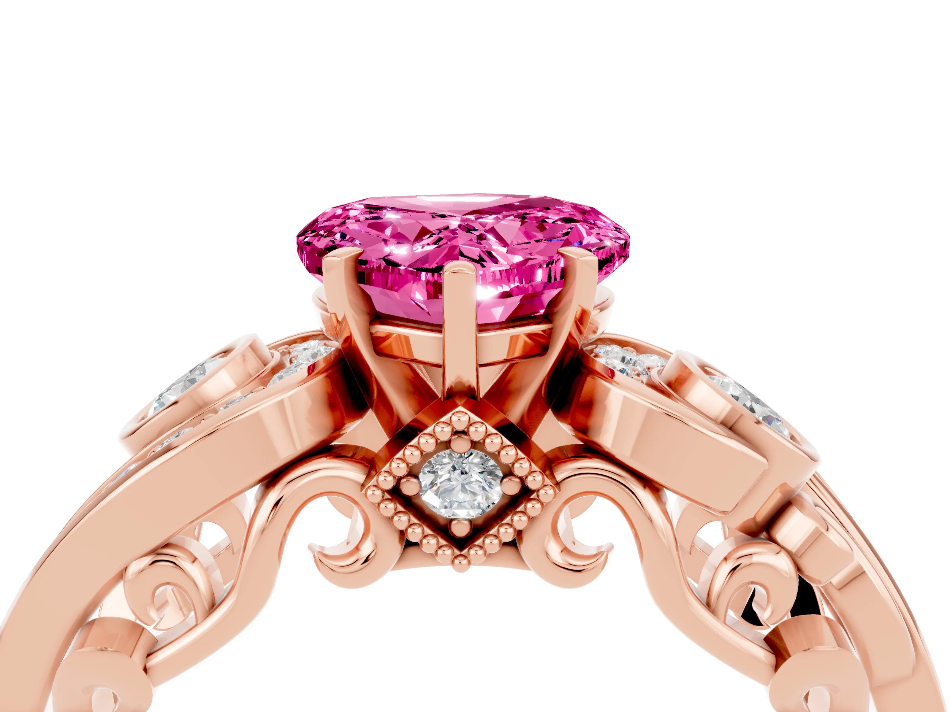 Rose gold Heart Cut Pink Sapphire Solitaire Ring with Milgrain Pavé Band and Four-Prong Setting_28