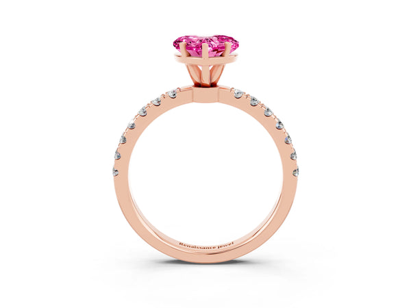 Rose gold Heart Cut Pink Sapphire Solitaire Ring with Pavé Accents and Four-Prong Setting