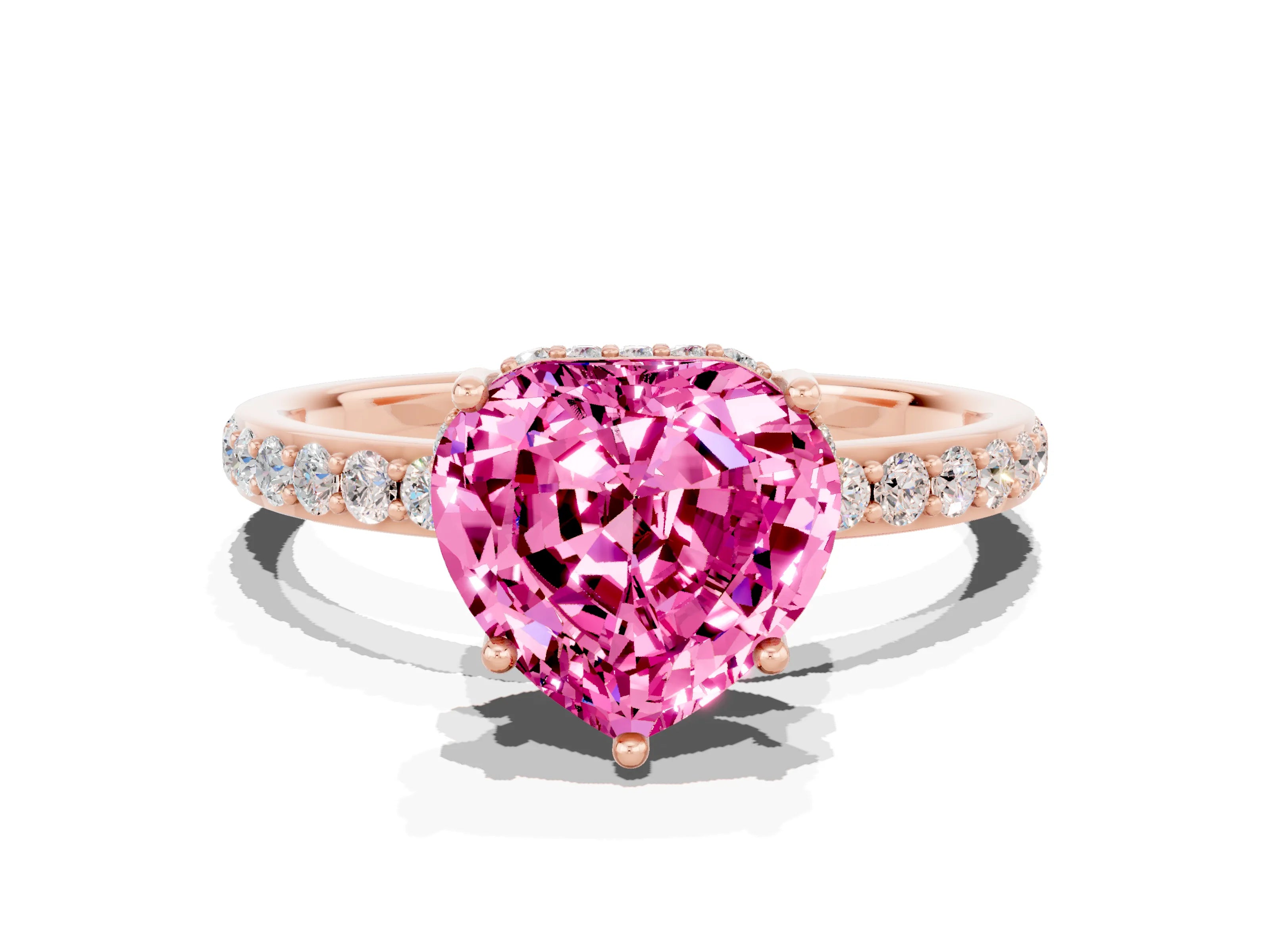 Rose gold Heart Cut Pink Sapphire Solitaire Ring with Pavé Band and Hidden Halo_46