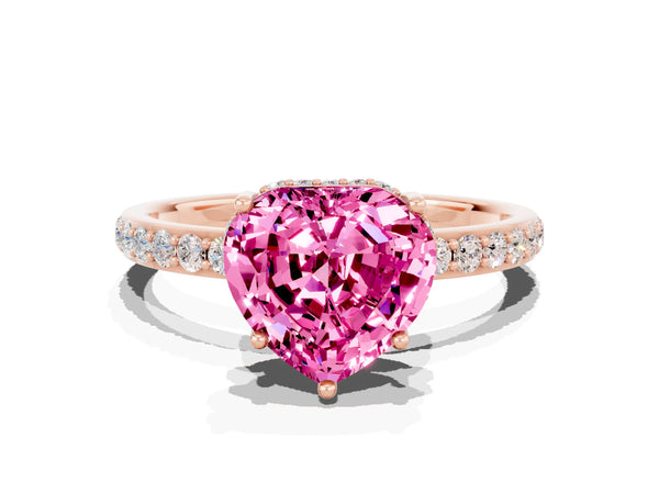 Rose gold Heart Cut Pink Sapphire Solitaire Ring with Pavé Band and Hidden Halo