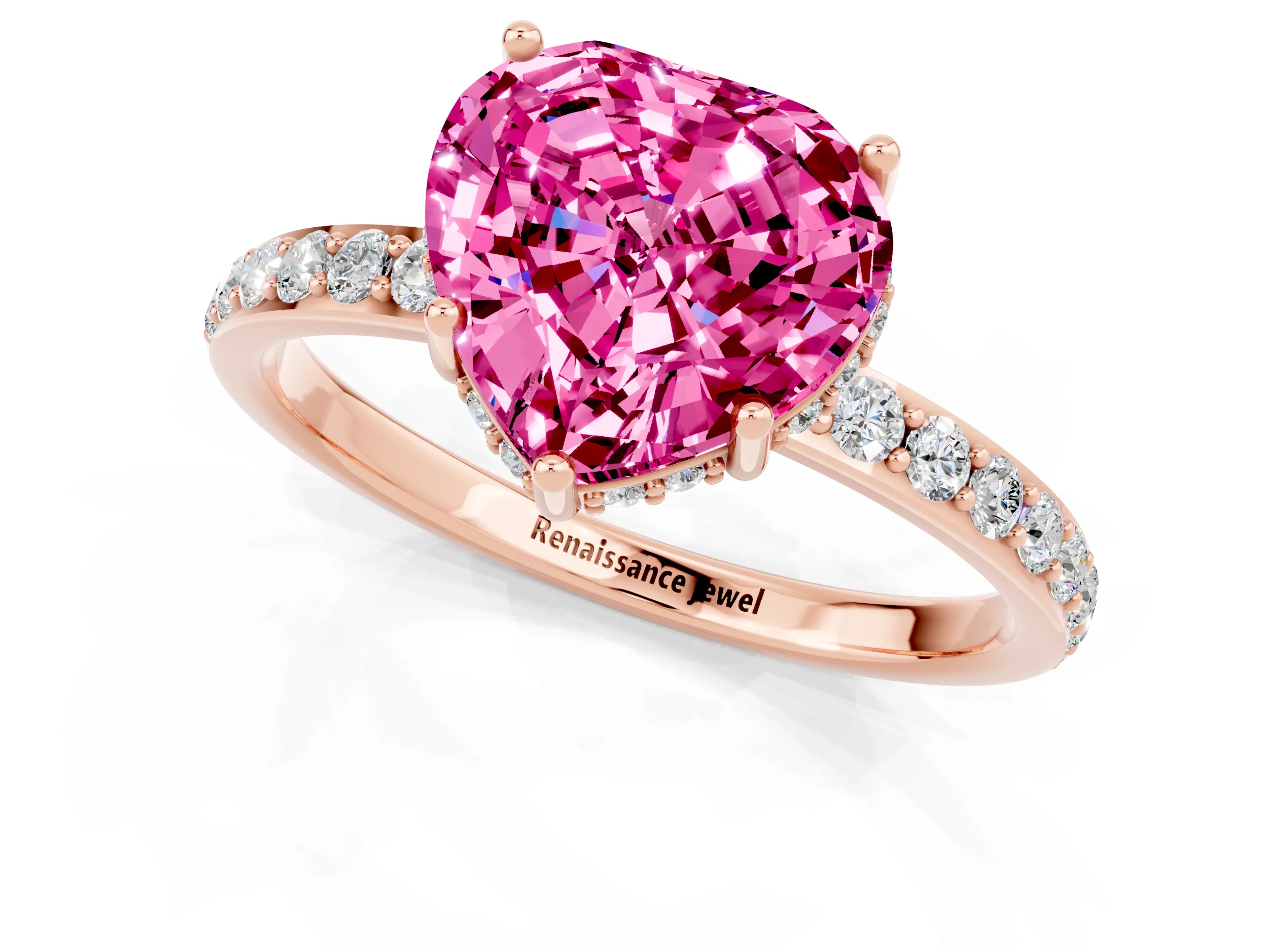 Rose gold Heart Cut Pink Sapphire Solitaire Ring with Pavé Band and Hidden Halo_47