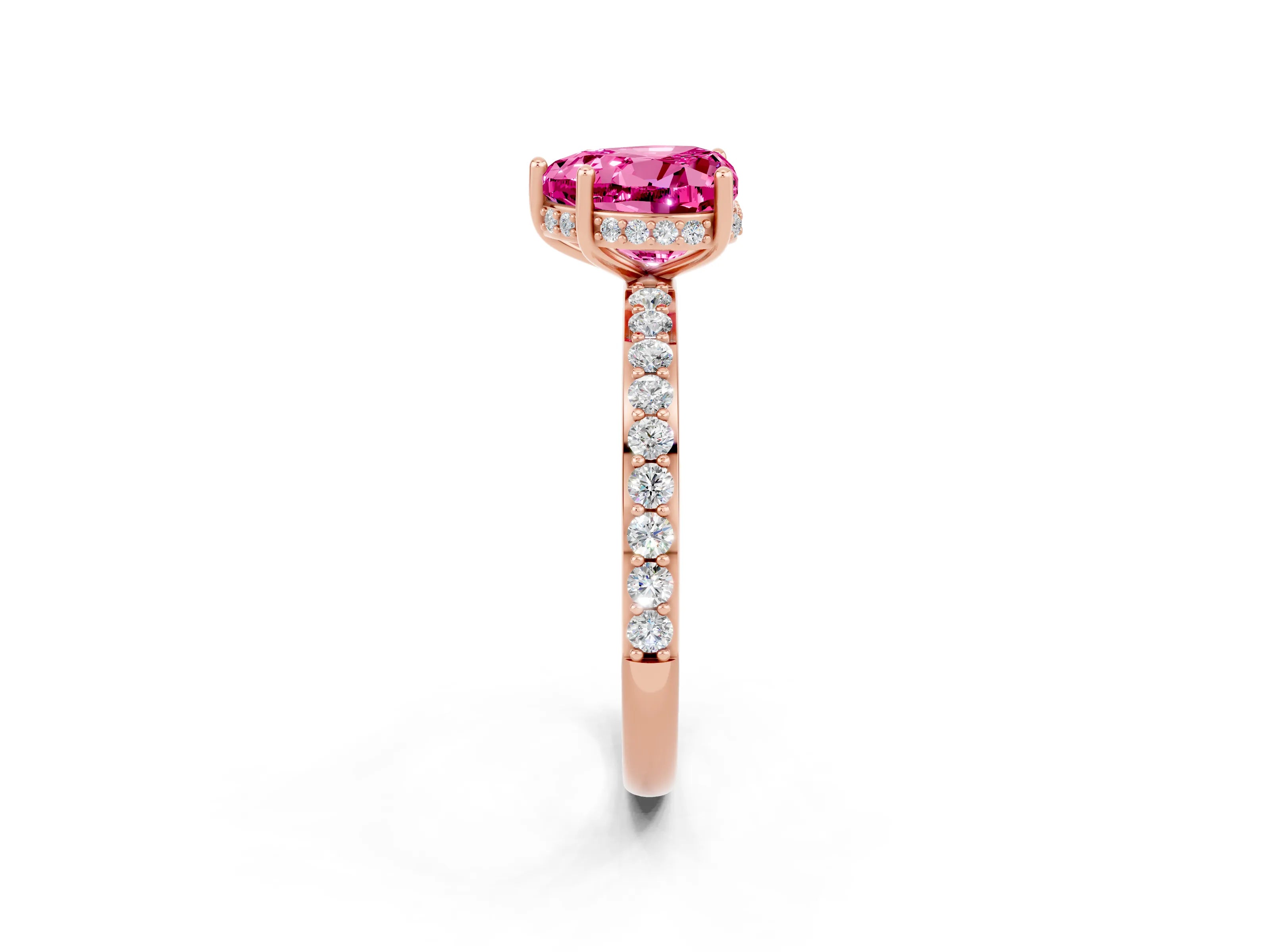 Rose gold Heart Cut Pink Sapphire Solitaire Ring with Pavé Band and Hidden Halo_48