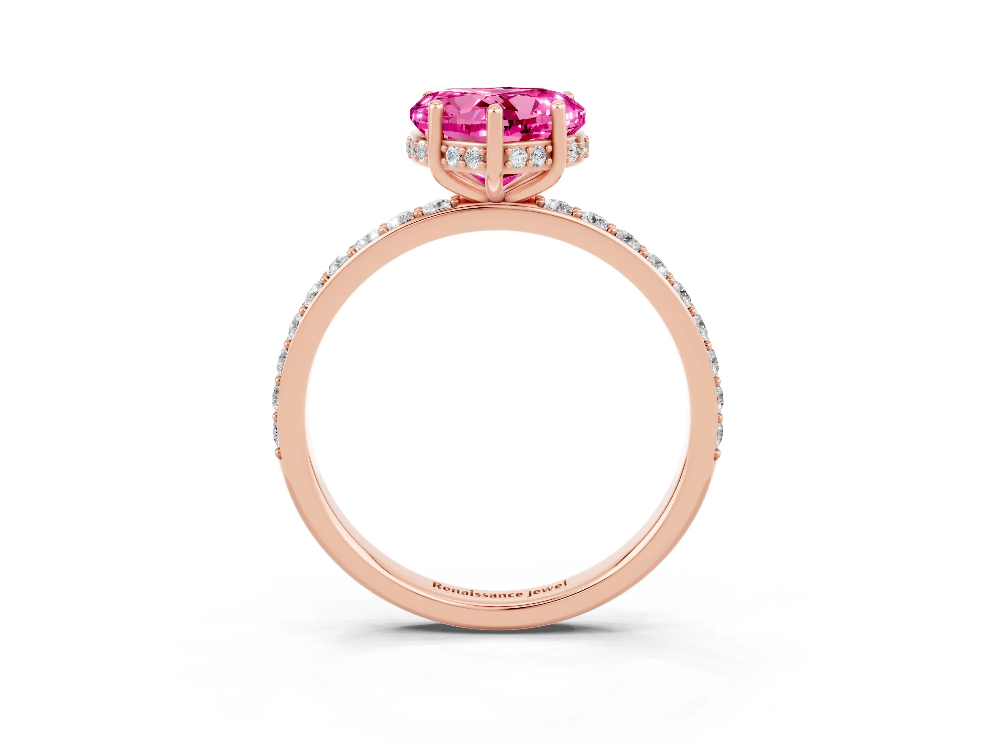 Rose gold Heart Cut Pink Sapphire Solitaire Ring with Pavé Band and Hidden Halo_49