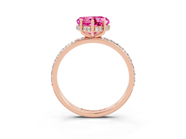 Rose gold Heart Cut Pink Sapphire Solitaire Ring with Pavé Band and Hidden Halo