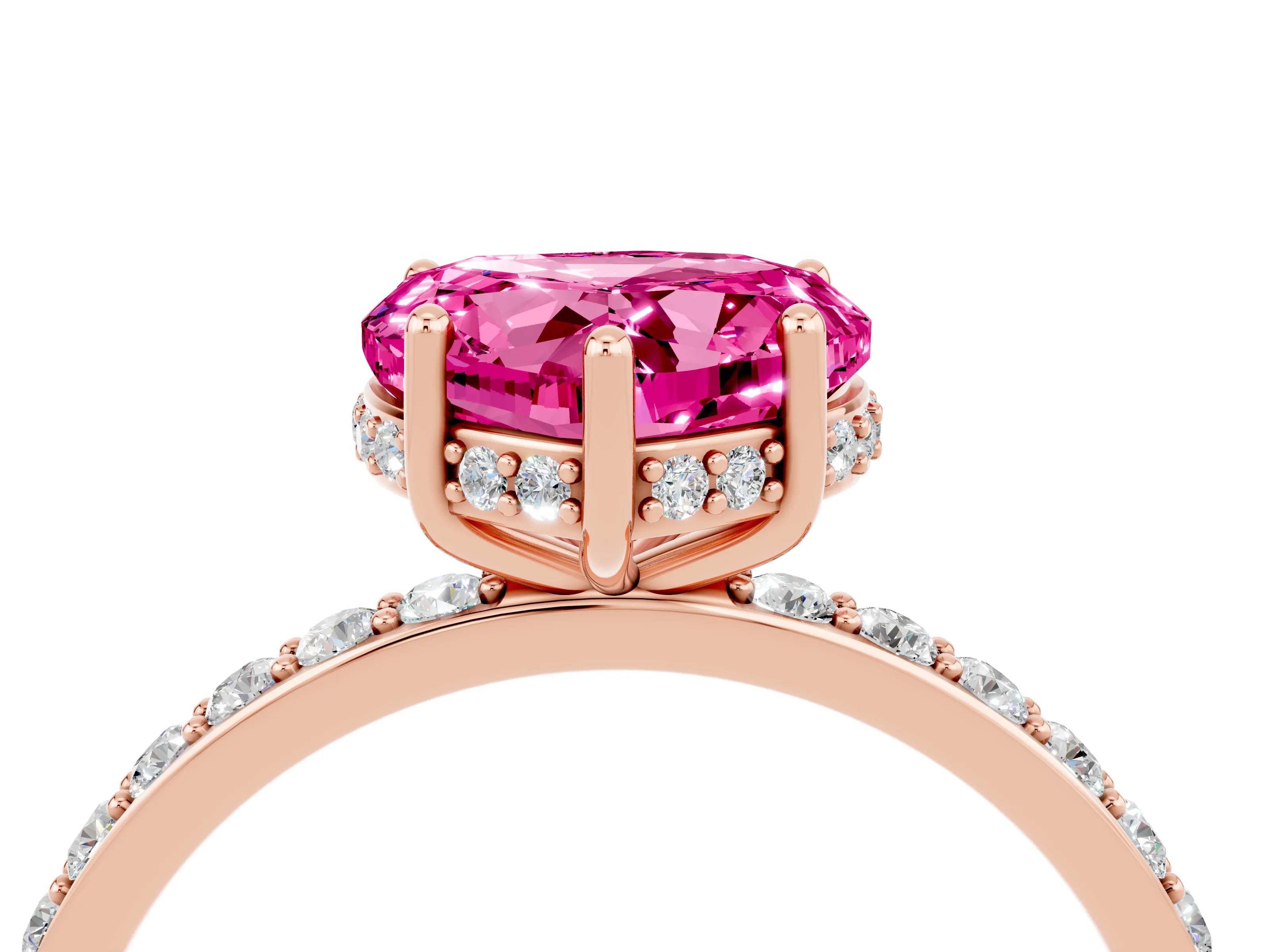 Rose gold Heart Cut Pink Sapphire Solitaire Ring with Pavé Band and Hidden Halo_50