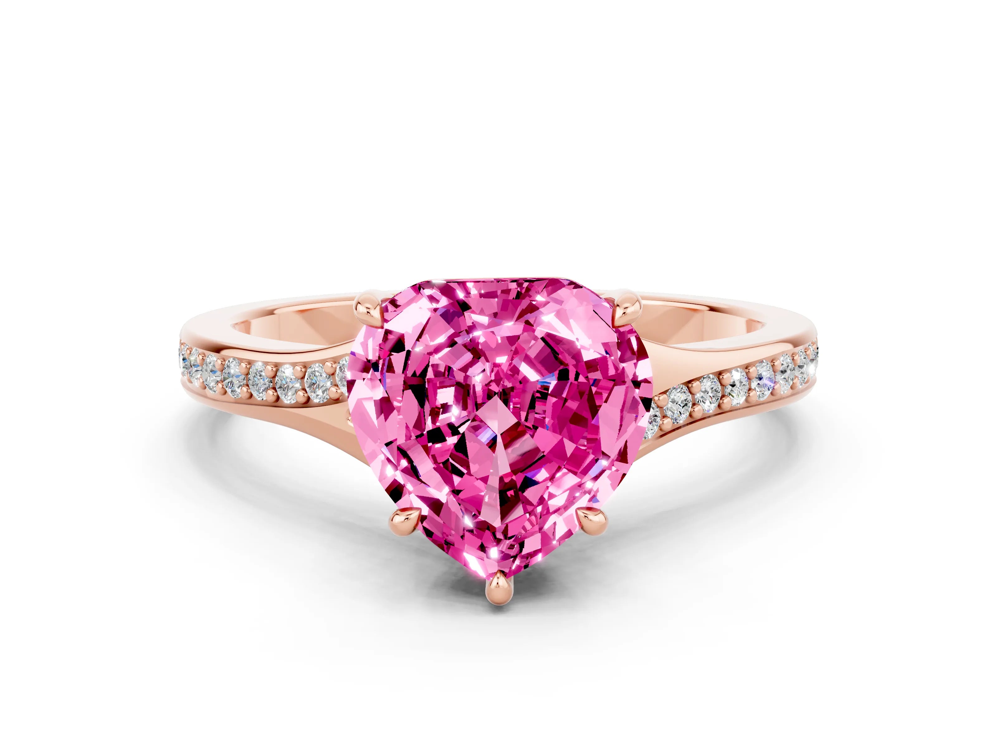 Rose gold Heart Cut Pink Sapphire Solitaire Ring with Pavé Band and Prong Setting