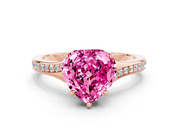 Rose gold Heart Cut Pink Sapphire Solitaire Ring with Pavé Band and Prong Setting