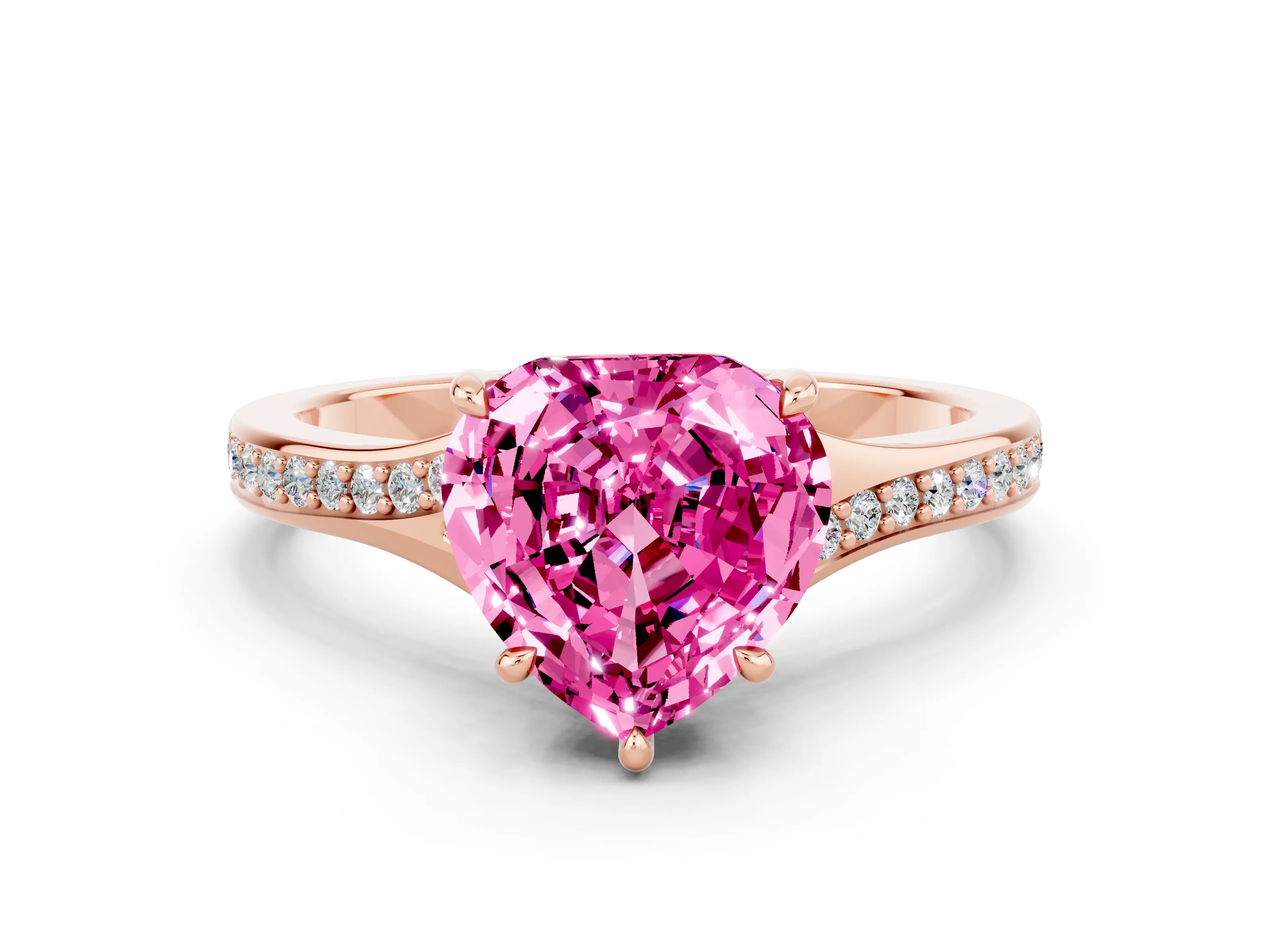 Rose gold Heart Cut Pink Sapphire Solitaire Ring with Pavé Band and Prong Setting_12