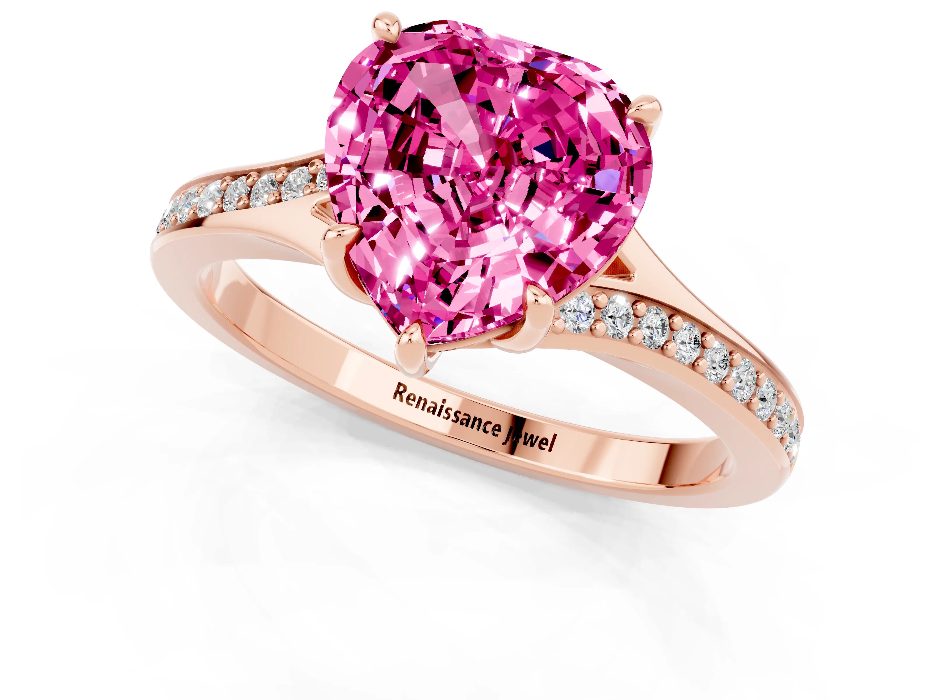 Rose gold Heart Cut Pink Sapphire Solitaire Ring with Pavé Band and Prong Setting_13