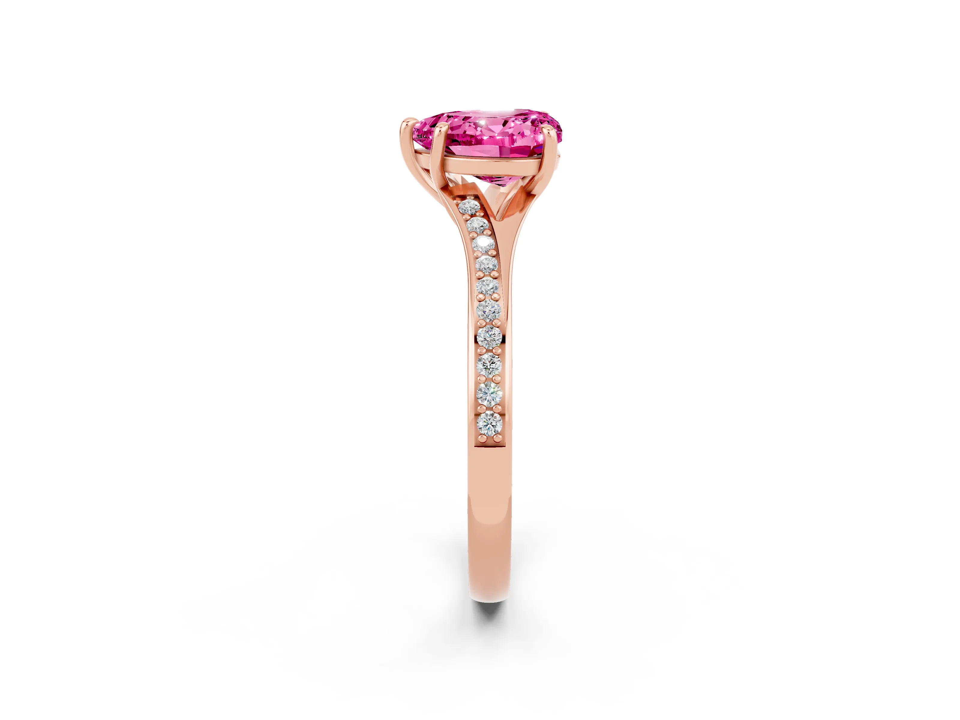 Rose gold Heart Cut Pink Sapphire Solitaire Ring with Pavé Band and Prong Setting_14