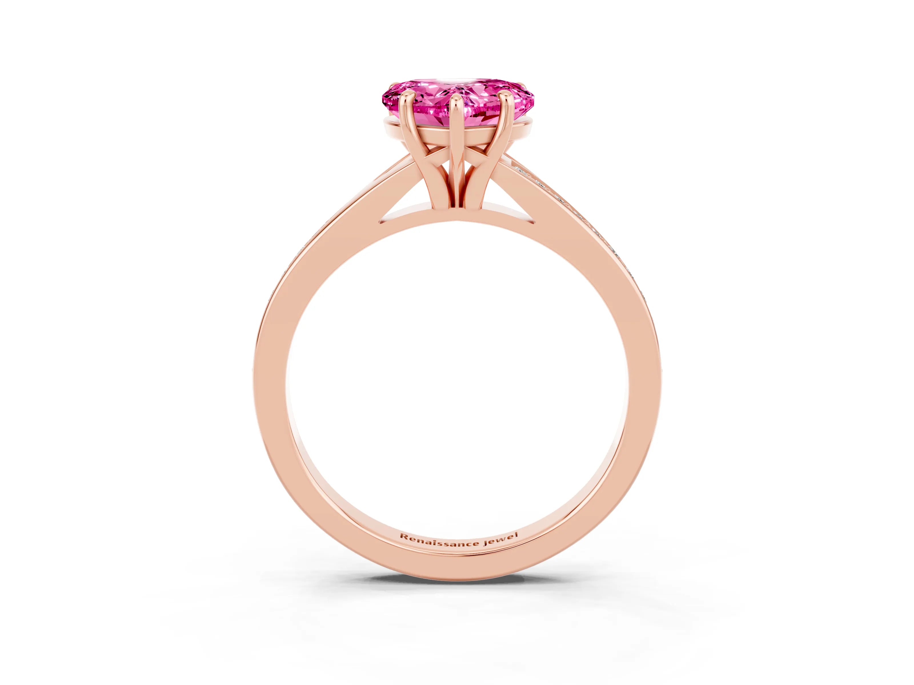 Rose gold Heart Cut Pink Sapphire Solitaire Ring with Pavé Band and Prong Setting_15