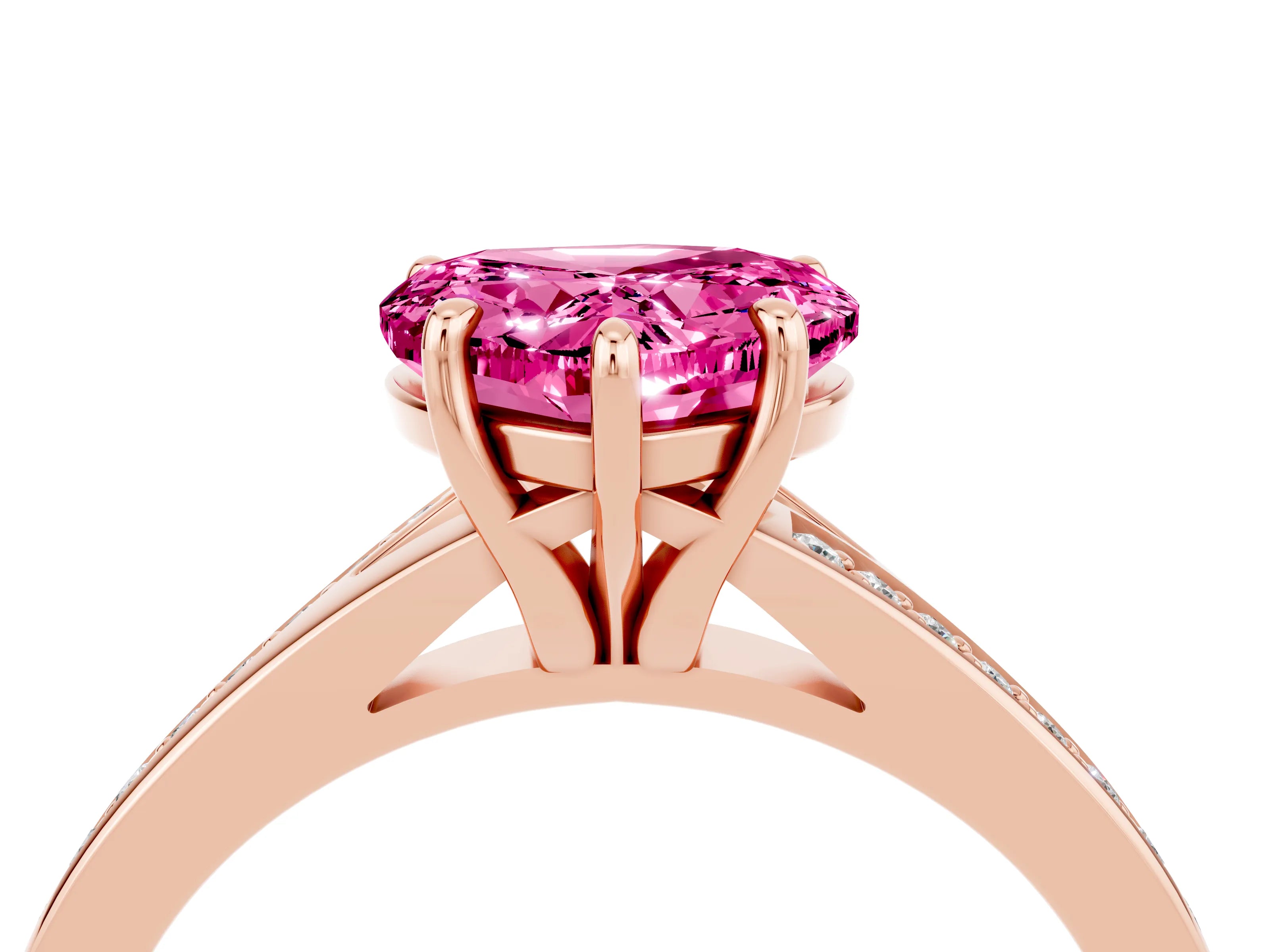 Rose gold Heart Cut Pink Sapphire Solitaire Ring with Pavé Band and Prong Setting_16
