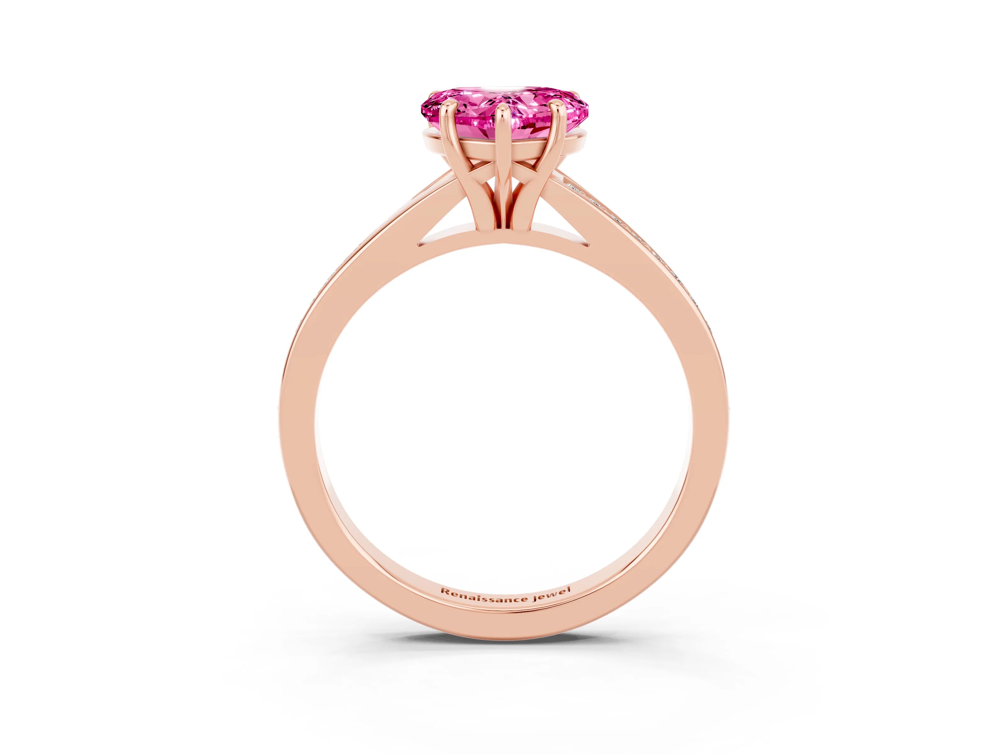 Rose gold Heart Cut Pink Sapphire Solitaire Ring with Pavé Band and Prong Setting_3