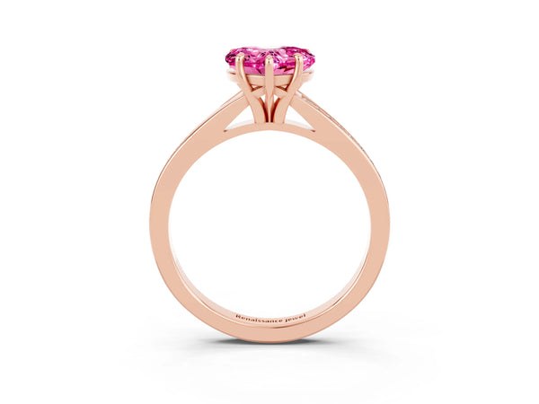 Rose gold Heart Cut Pink Sapphire Solitaire Ring with Pavé Band and Prong Setting