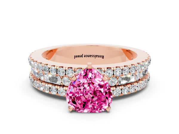 Rose gold Heart Cut Pink Sapphire Solitaire Ring with Pavé and Channel Set Band
