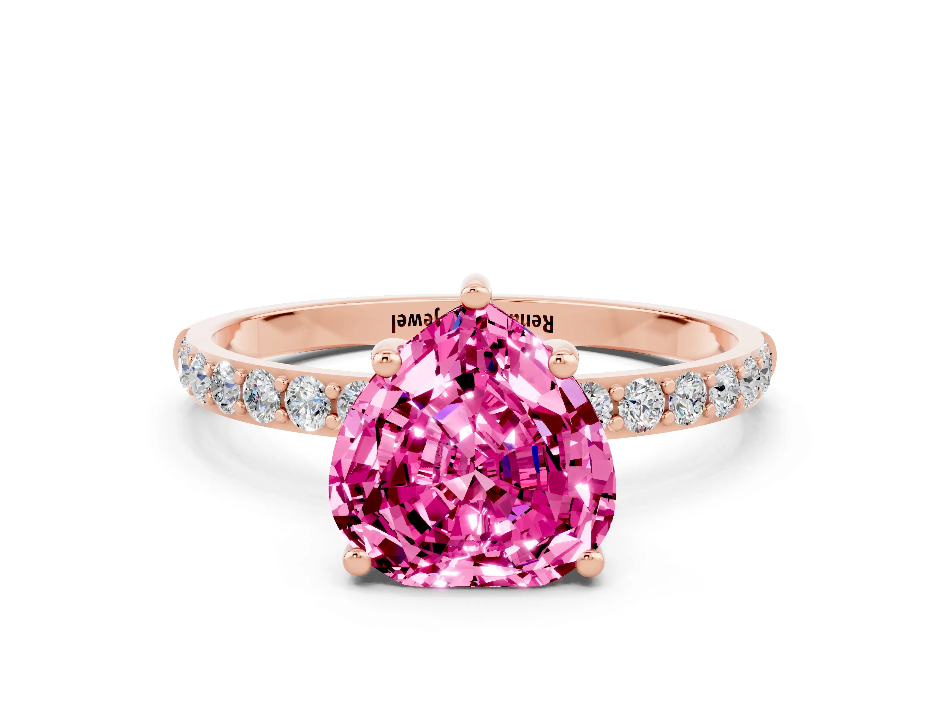 Rose gold Heart Cut Pink Sapphire Solitaire Ring with Pave Band and Four Prong Setting_48