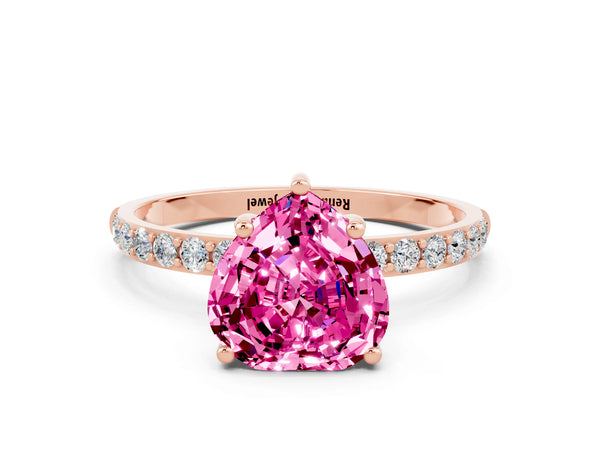 Rose gold Heart Cut Pink Sapphire Solitaire Ring with Round  Pavé Band and Prong Setting