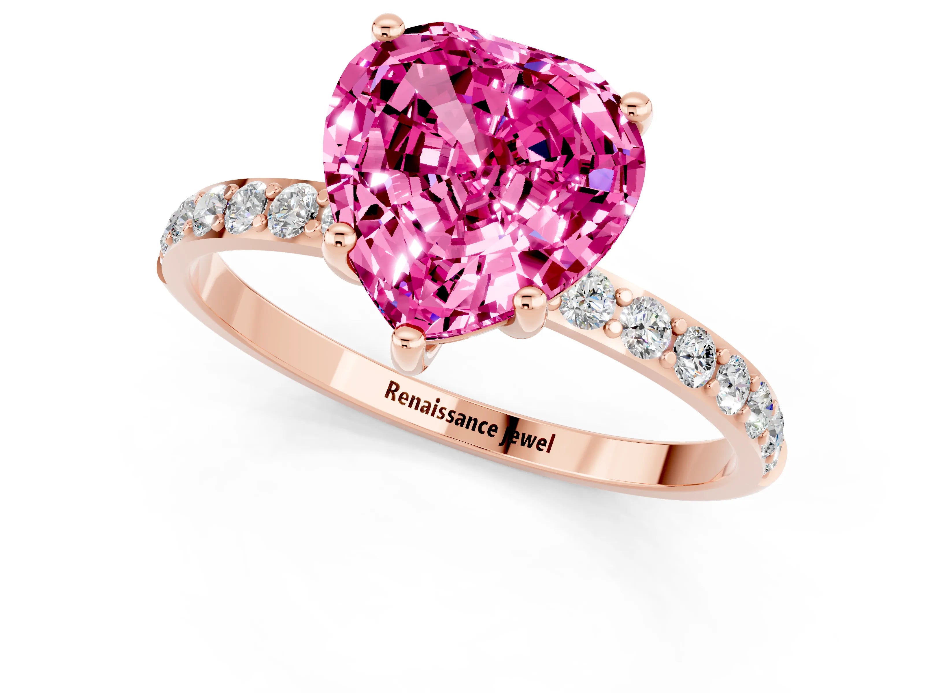 Rose gold Heart Cut Pink Sapphire Solitaire Ring with Pave Band and Four Prong Setting_49