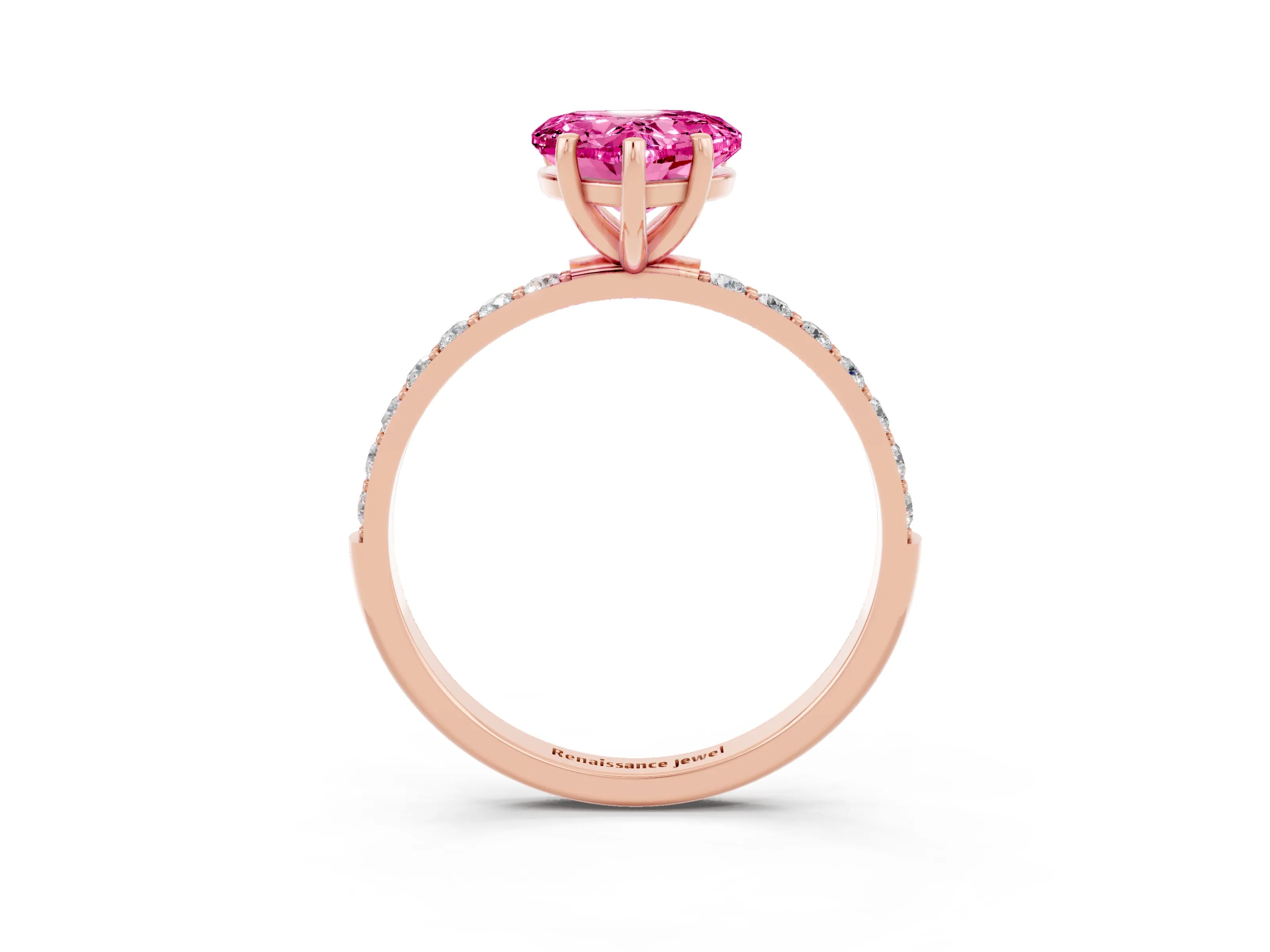 Rose gold Heart Cut Pink Sapphire Solitaire Ring with Pave Band and Four Prong Setting_51