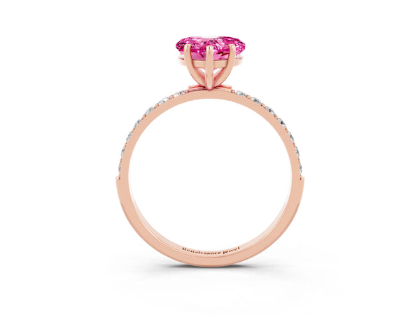 Rose gold Heart Cut Pink Sapphire Solitaire Ring with Round  Pavé Band and Prong Setting