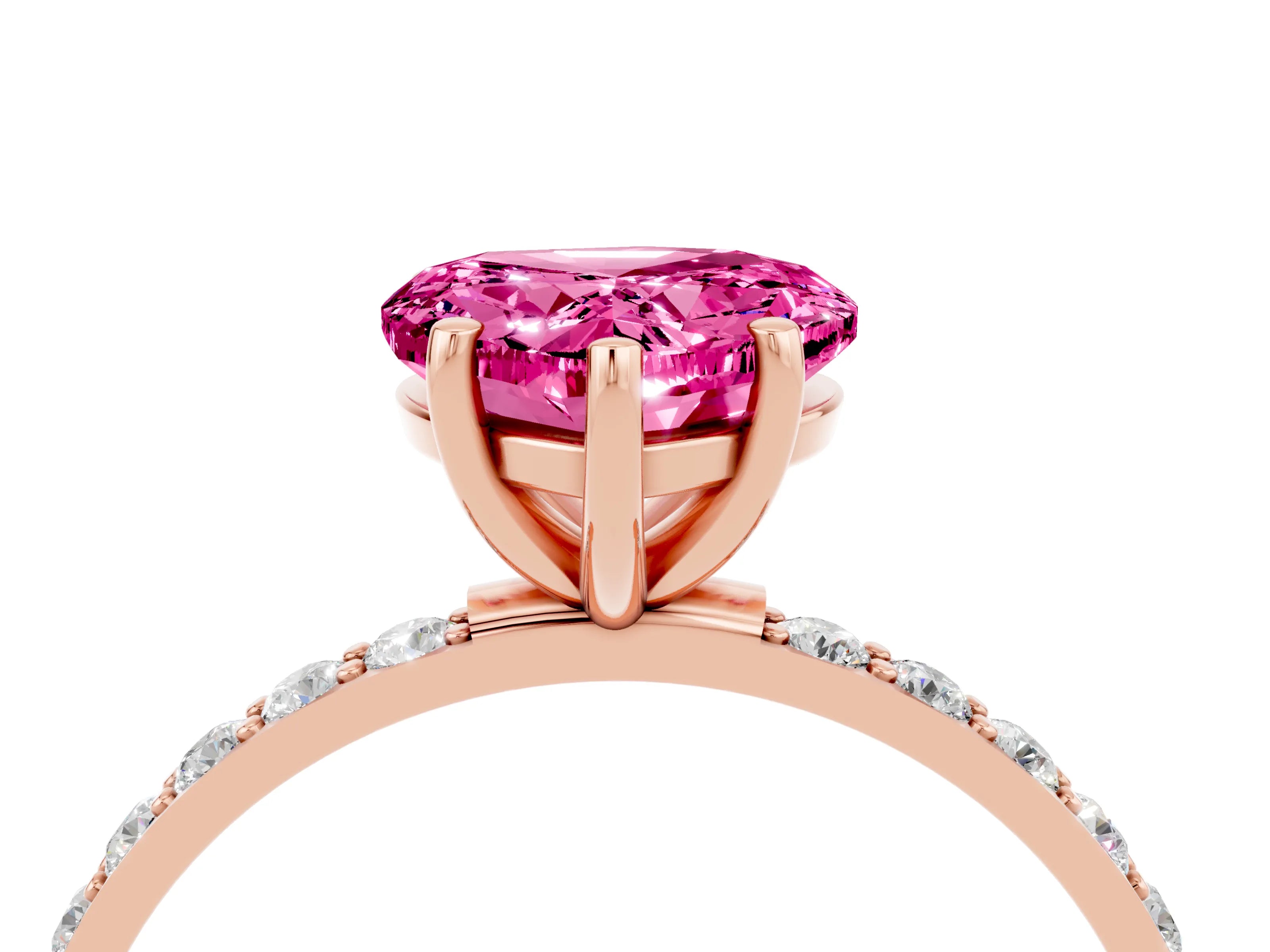 Rose gold Heart Cut Pink Sapphire Solitaire Ring with Pave Band and Four Prong Setting_52