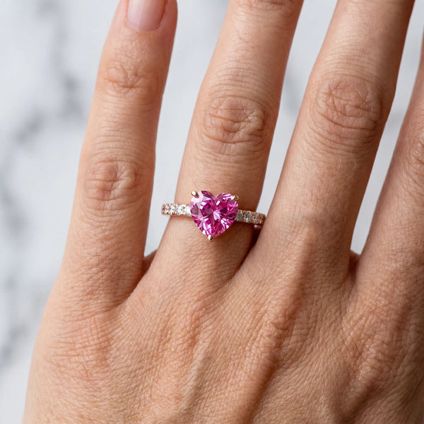 Rose gold Heart Cut Pink Sapphire Solitaire Ring with Round  Pavé Band and Four-Prong Setting