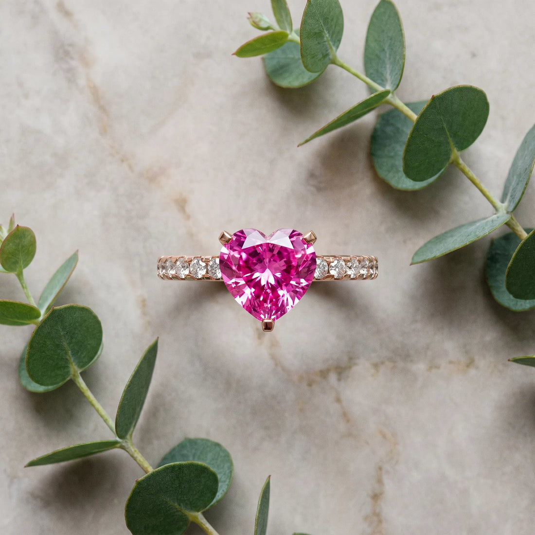 Rose gold Heart Cut Pink Sapphire Solitaire Ring with Round  Pavé Band and Four-Prong Setting_81