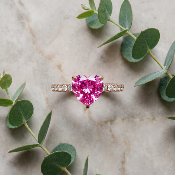 Rose gold Heart Cut Pink Sapphire Solitaire Ring with Round  Pavé Band and Four-Prong Setting