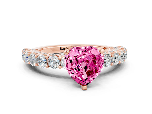 Rose gold Heart Cut Pink Sapphire Solitaire Ring with Shared Prong Pavé Band and Four-Prong Setting