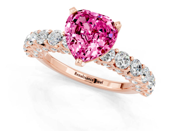 Rose gold Heart Cut Pink Sapphire Solitaire Ring with Shared Prong Pavé Band and Four-Prong Setting