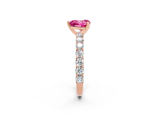 Rose gold Heart Cut Pink Sapphire Solitaire Ring with Shared Prong Pavé Band and Four-Prong Setting