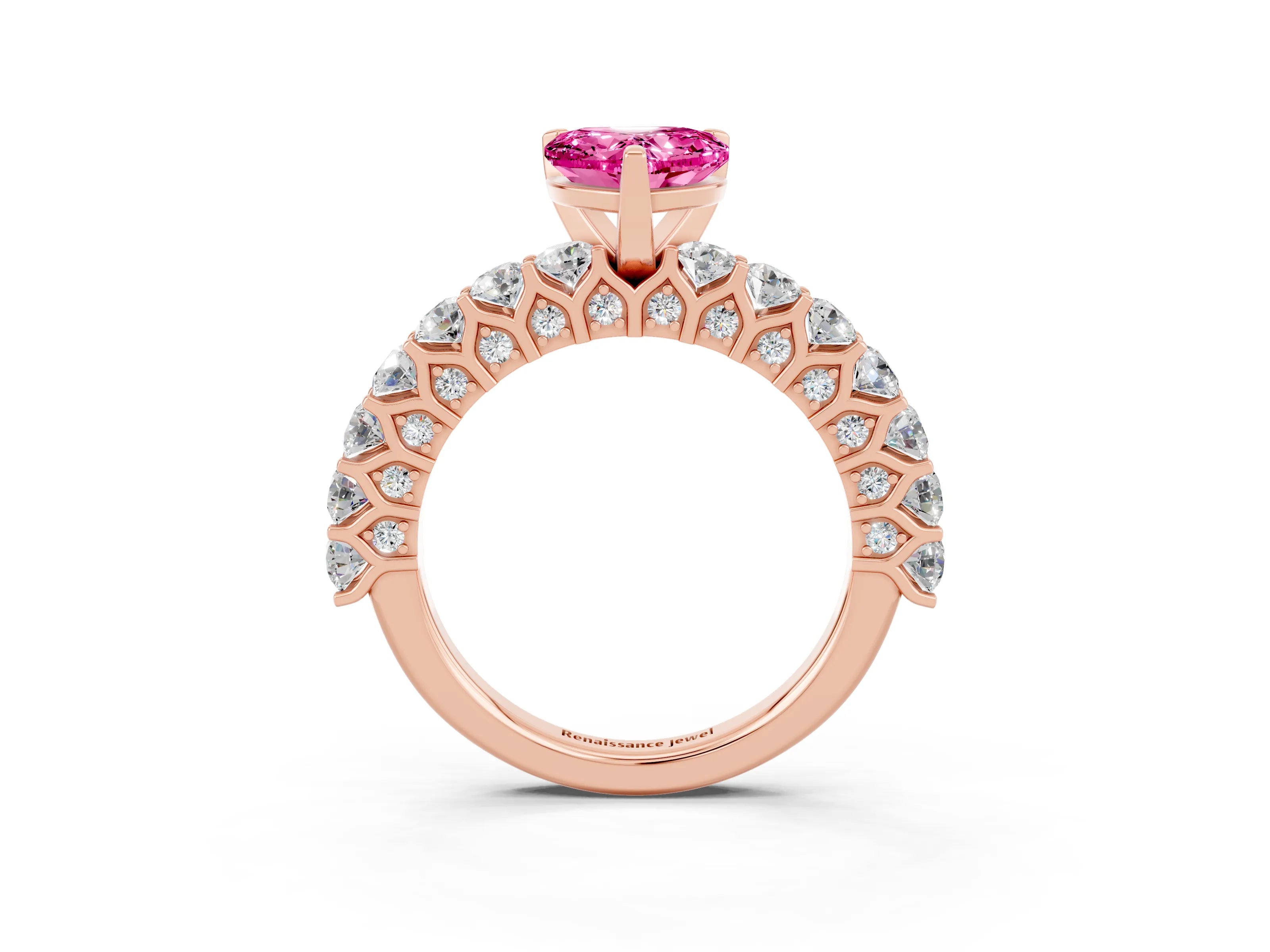 Rose gold Heart Cut Pink Sapphire Solitaire Ring with Shared Prong Pavé Band and Four-Prong Setting_15