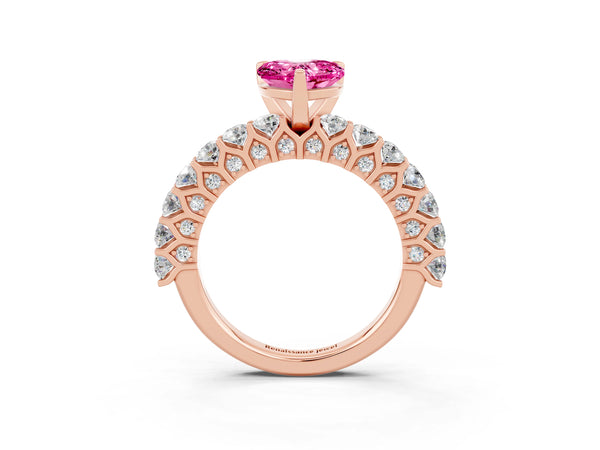 Rose gold Heart Cut Pink Sapphire Solitaire Ring with Shared Prong Pavé Band and Four-Prong Setting