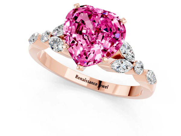 Rose gold Heart Cut Pink Sapphire Solitaire Ring with Side Stones and Four-Prong Setting