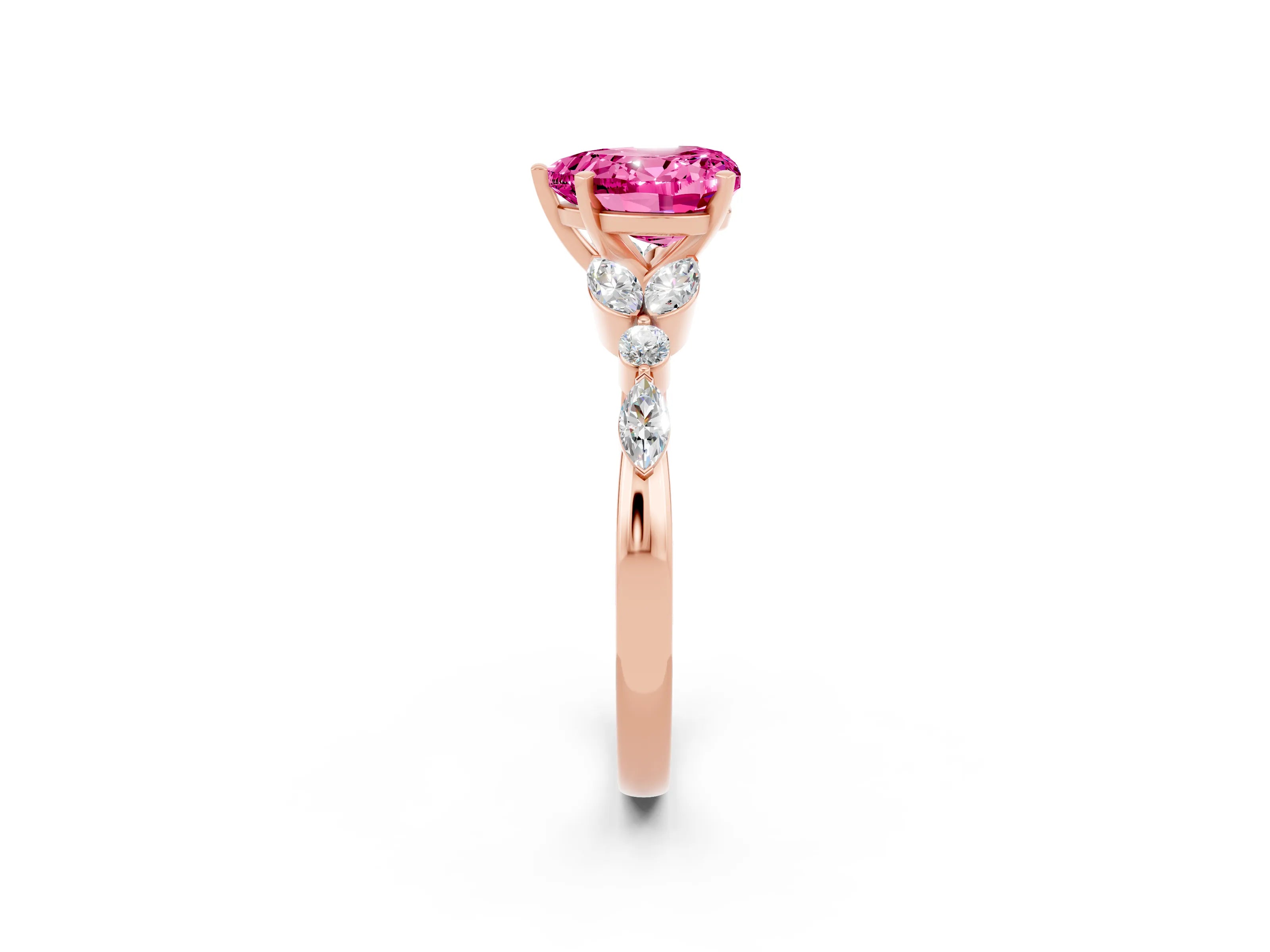Rose gold Heart Cut Pink Sapphire Solitaire Ring with Side Stones and Four-Prong Setting_14