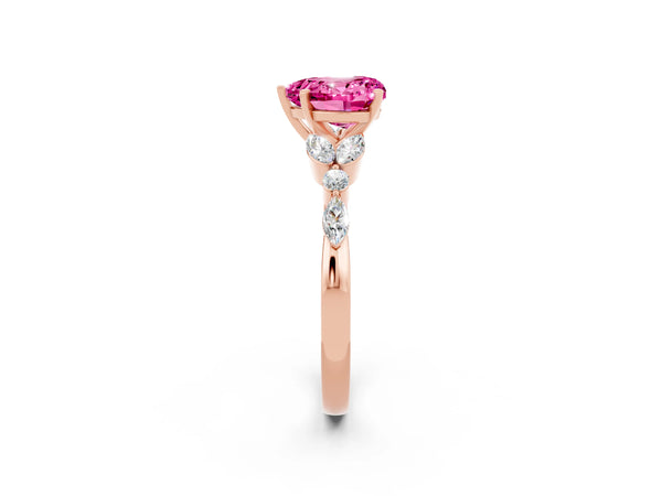 Rose gold Heart Cut Pink Sapphire Solitaire Ring with Side Stones and Four-Prong Setting
