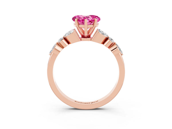 Rose gold Heart Cut Pink Sapphire Solitaire Ring with Side Stones and Four-Prong Setting