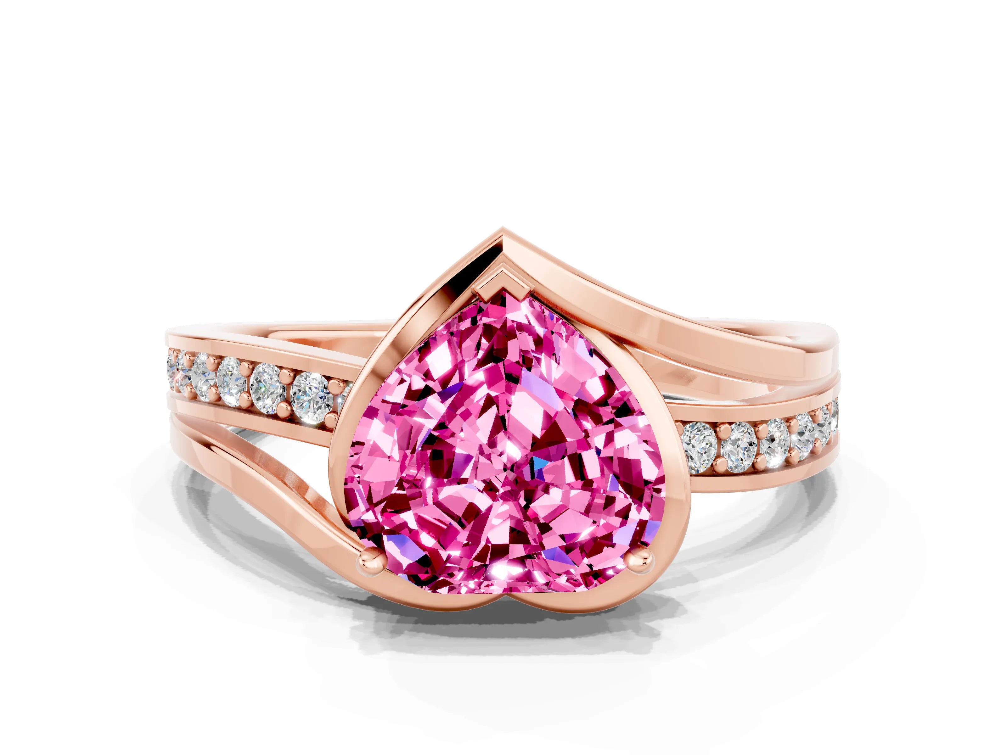 Rose gold Heart Cut Pink Sapphire Solitaire Ring with Split Shank and Prong Setting