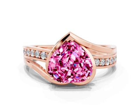 Rose gold Heart Cut Pink Sapphire Solitaire Ring with Split Shank and Prong Setting