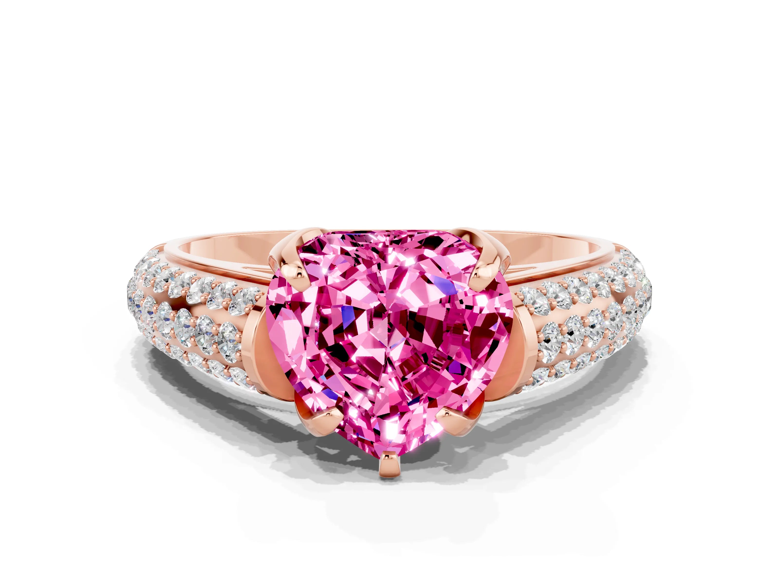 Rose gold Heart Cut Pink Sapphire Solitaire Ring with Three-Row Pavé Band and Four-Prong Setting_12