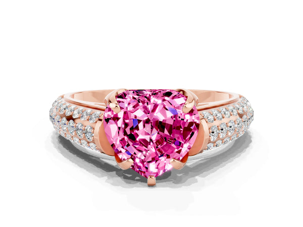 Rose gold Heart Cut Pink Sapphire Solitaire Ring with Three-Row Pavé Band and Four-Prong Setting