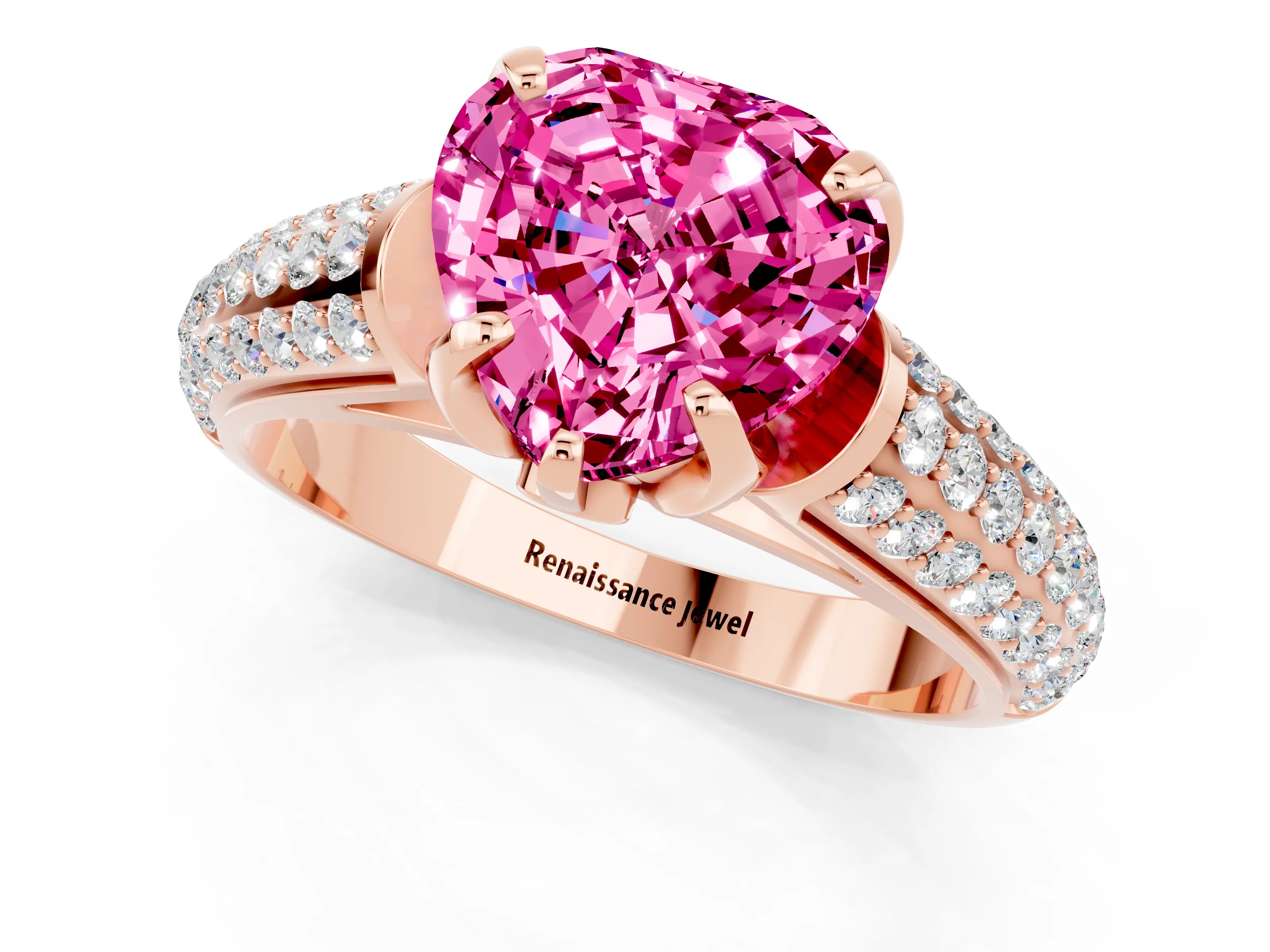 Rose gold Heart Cut Pink Sapphire Solitaire Ring with Three-Row Pavé Band and Four-Prong Setting_13